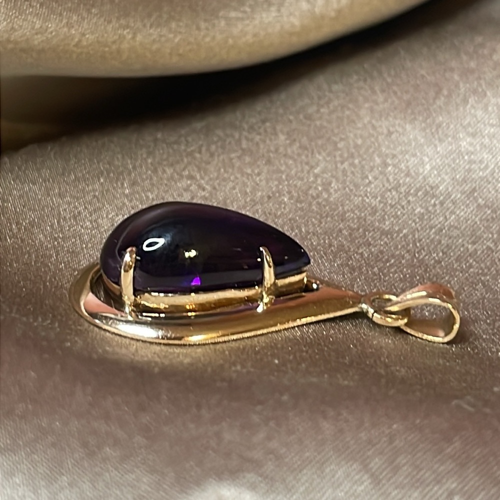 Solid 14k Pear Shaped Natural Cabochon Amethyst P… - image 5
